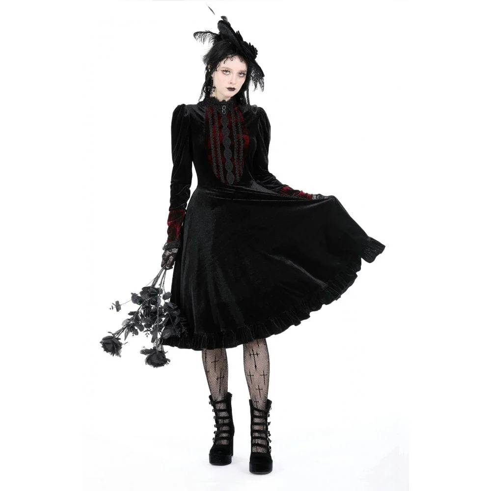Women's Gothic Puff Sleeved Stand Collar Velvet Dress - Image 4