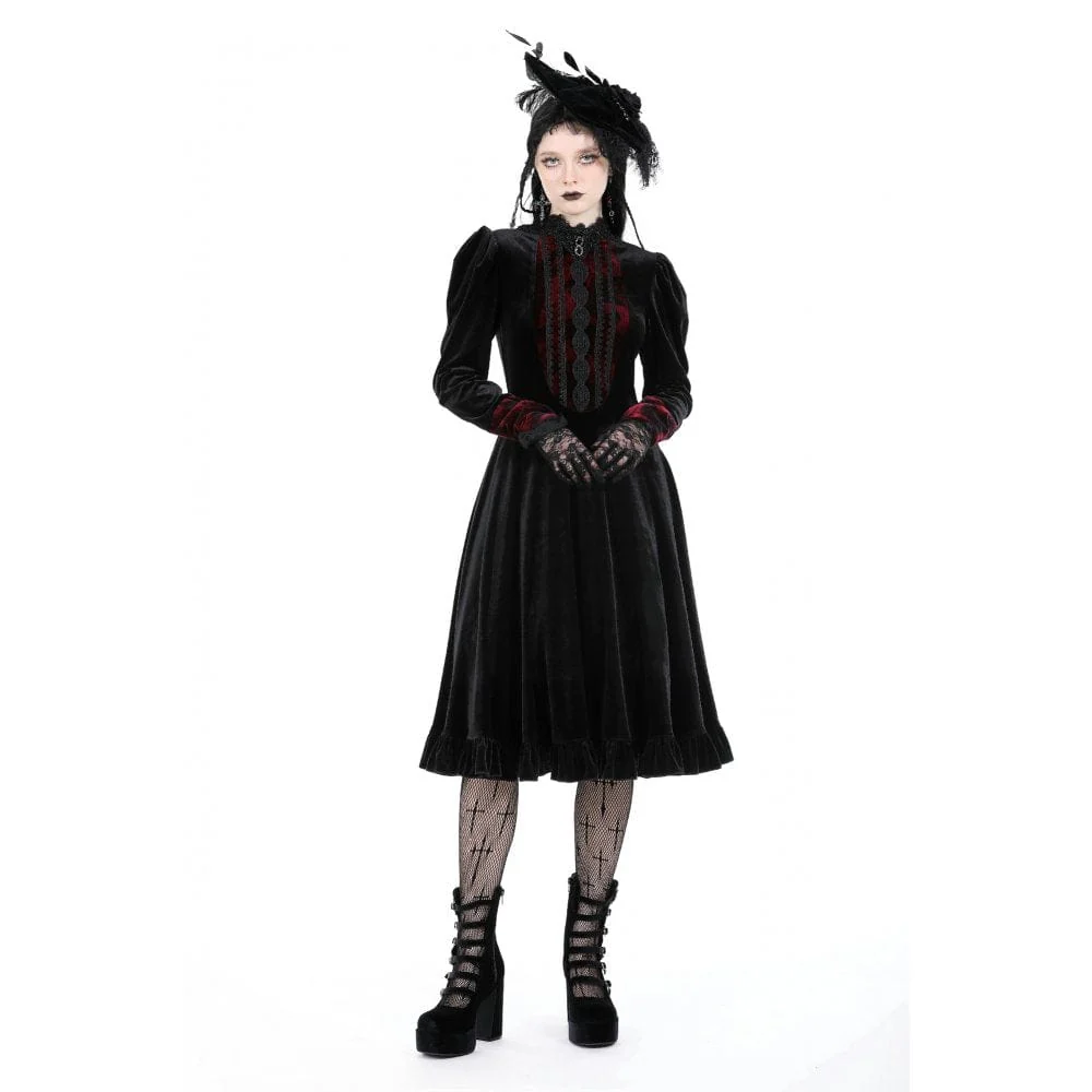 Women's Gothic Puff Sleeved Stand Collar Velvet Dress - Image 6