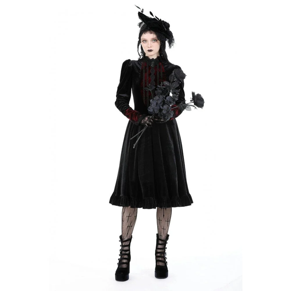 Women's Gothic Puff Sleeved Stand Collar Velvet Dress - Image 7