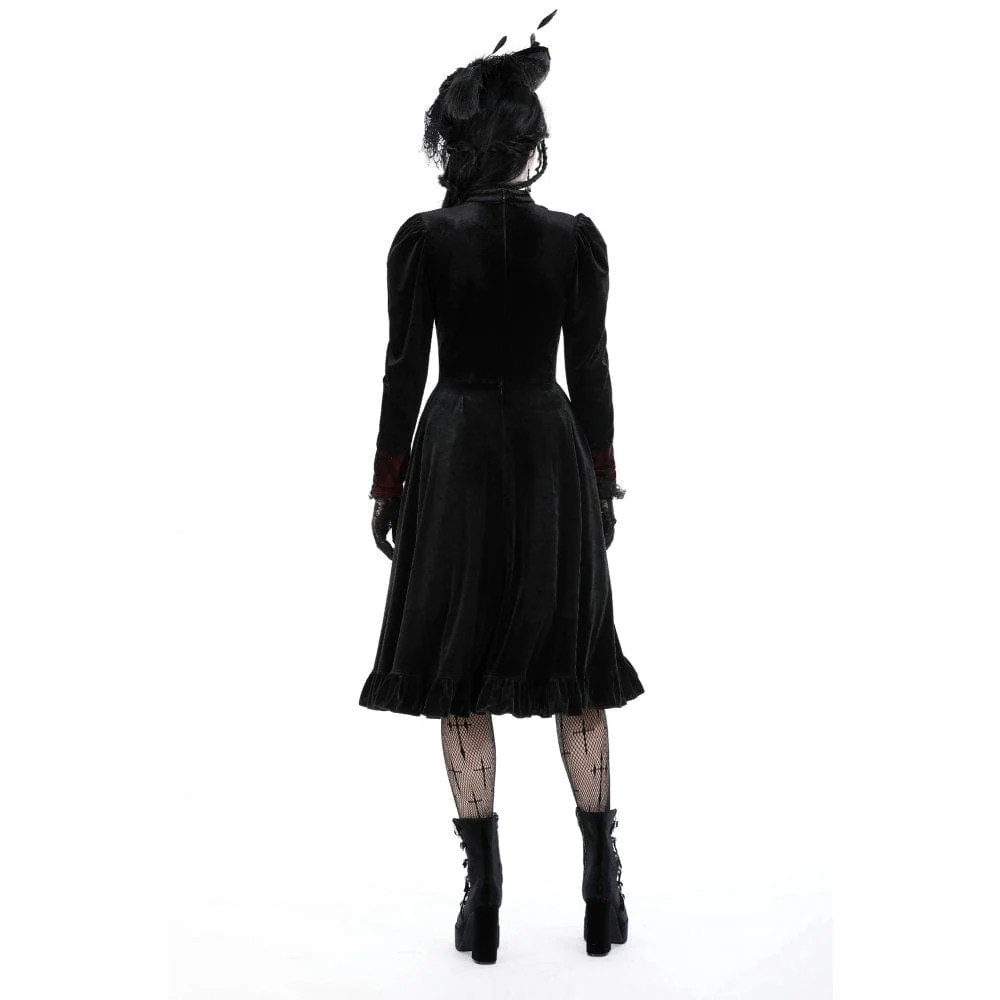 Women's Gothic Puff Sleeved Stand Collar Velvet Dress - Image 9