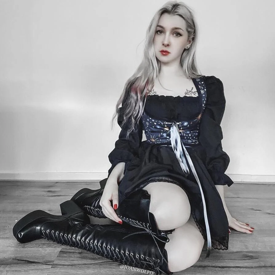 Women's Gothic Puff Sleeved Strappy Ruched Dress - Image 8