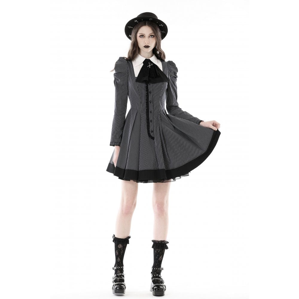 Women's Gothic Puff Sleeved Striped Dress - Image 3