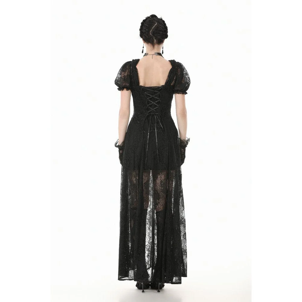 Women's Gothic Puff Sleeved Two-piece Lace Maxi Dress Wedding Dress - Image 11