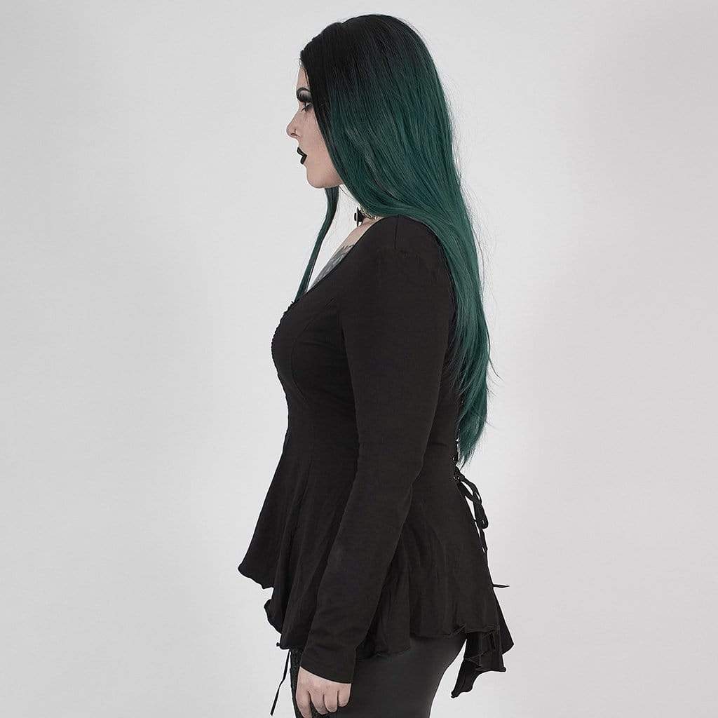 Women's Gothic Punk Black Asymmetrical Full Sleeve Top with Scoop Neck - Image 3