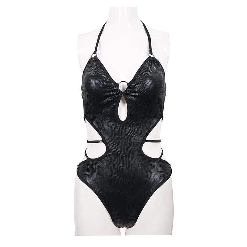 Women's Gothic Punk Black Cutout Halterneck One Piece Swimsuit - Image 6