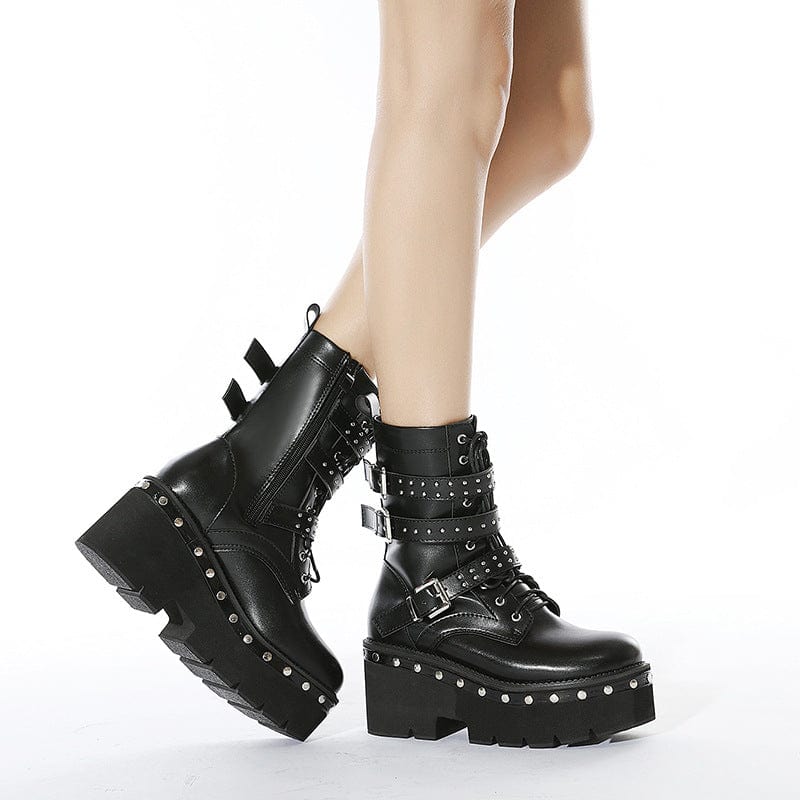 Women's Gothic Punk Buckles Rivet Platform Boots - Image 6