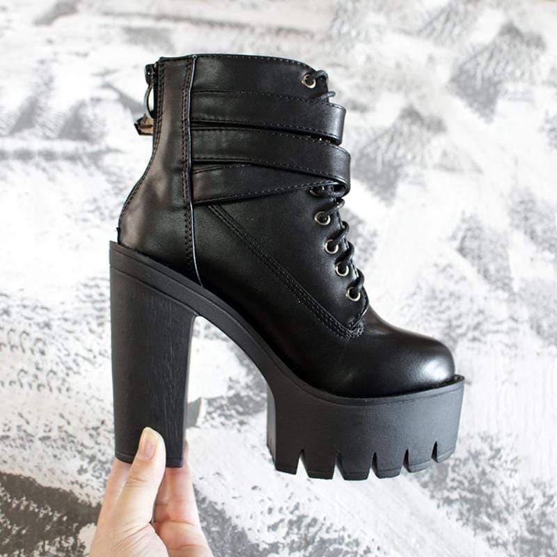 Women's Gothic Punk Lace-up Buckles Chunky Heel Boots - Image 3