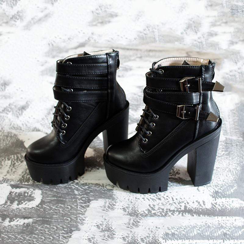 Women's Gothic Punk Lace-up Buckles Chunky Heel Boots - Image 4