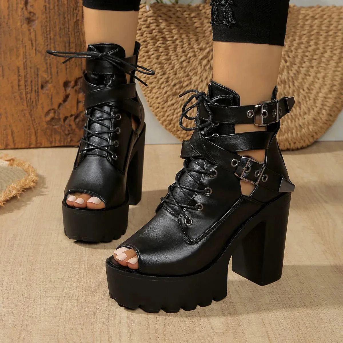 Women's Gothic Punk Lace-up Buckles Peep-toe Boots