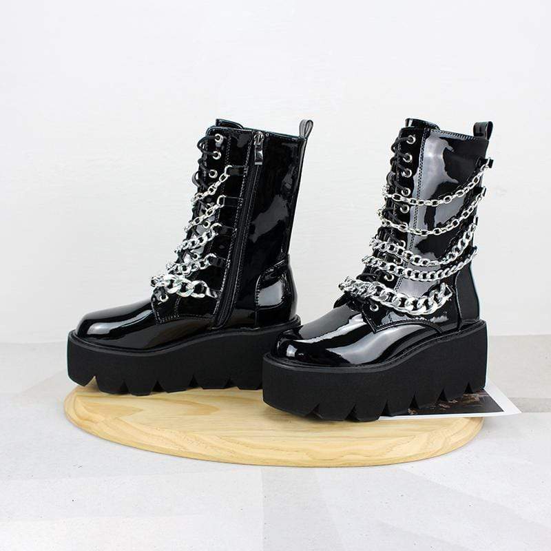 Women's Gothic Punk Patent Leather Boots with Chain - Image 3