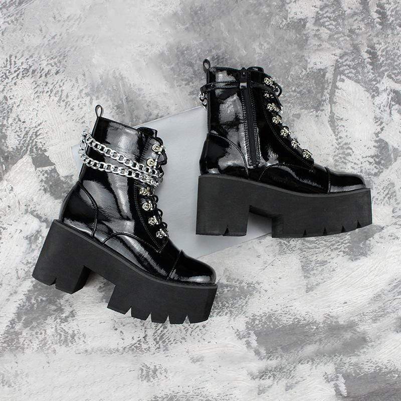 Women's Gothic Punk Patent Leather Lace Up Boots - Image 4