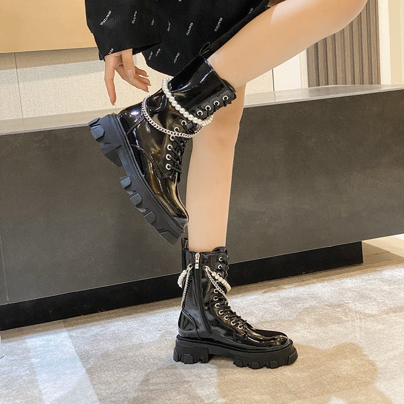Women's Gothic Punk Square-toe Boots with Pearl Chain - Image 5