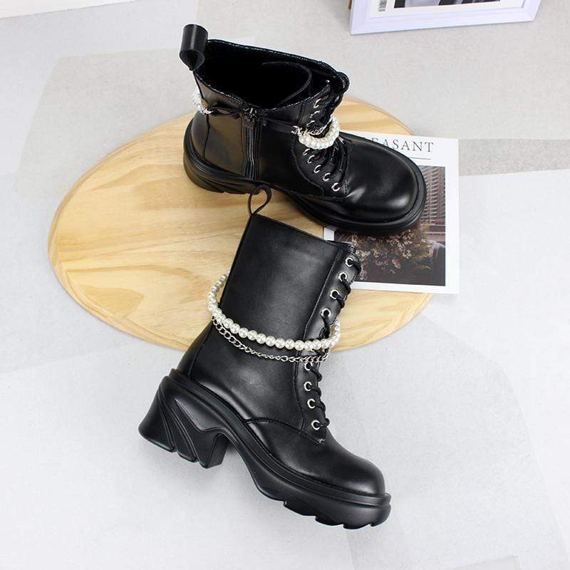 Women's Gothic Punk Wedge Boots with Pearl Chain - Image 4