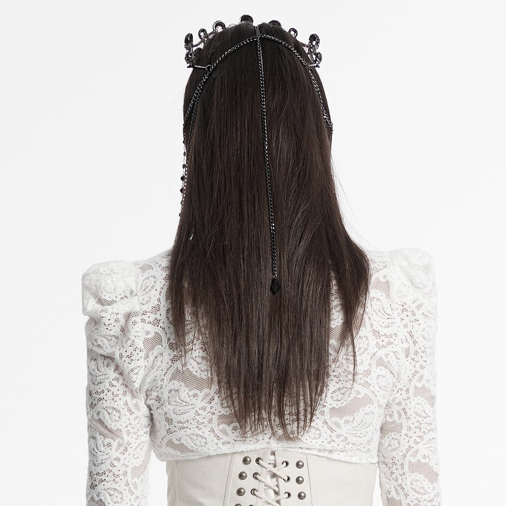 Women's Gothic Rhinestone Skull Crown with Beaded Chain - Image 3