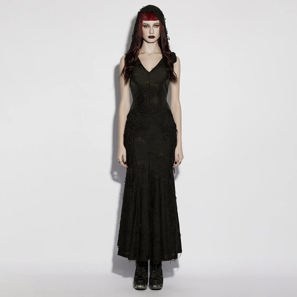 Women's Gothic Ripped Hooded Sleeveless Maxi Dress Graduation Dress