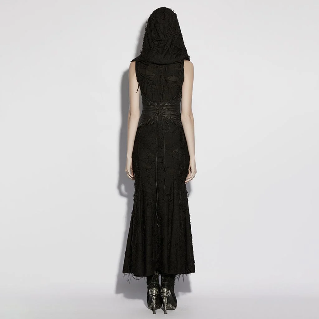 Women's Gothic Ripped Hooded Sleeveless Maxi Dress Graduation Dress - Image 3