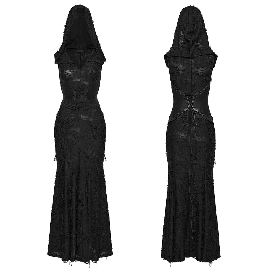 Women's Gothic Ripped Hooded Sleeveless Maxi Dress Graduation Dress - Image 5