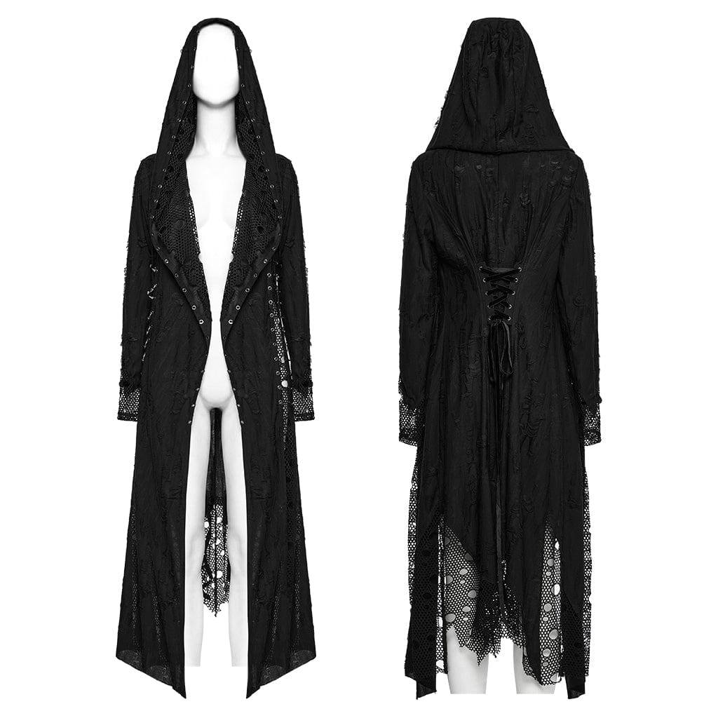 Women's Gothic Ripped Mesh Splice Coat with Hood - Image 5