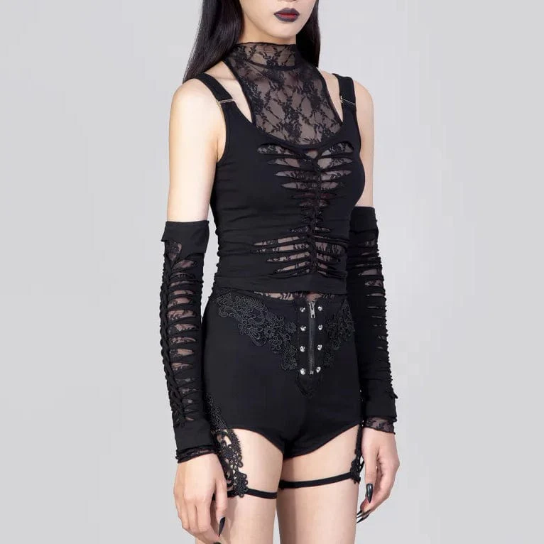 Women's Gothic Rippes Mesh Splice Tank Top with Oversleeves - Image 2