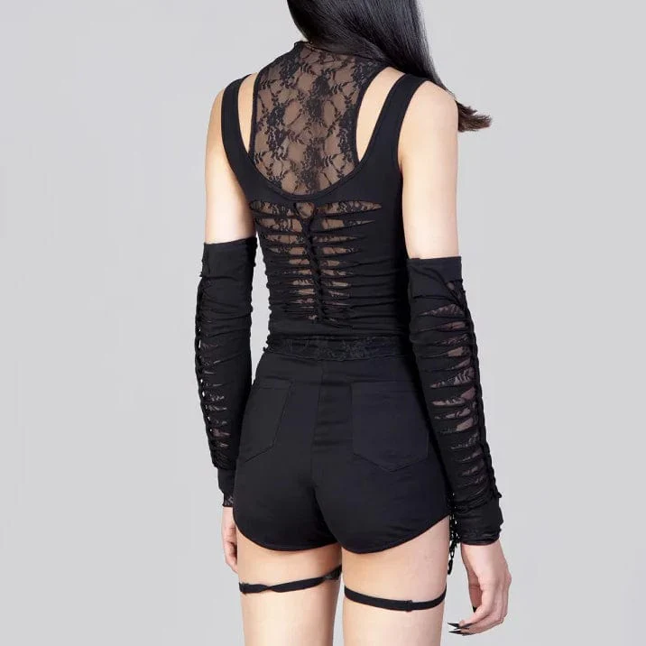Women's Gothic Rippes Mesh Splice Tank Top with Oversleeves - Image 3