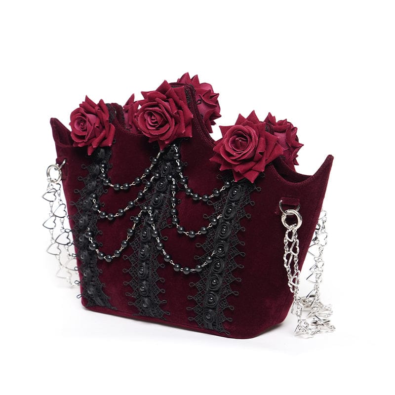 Women's Gothic Rose Beaded Chained Bag Red - Image 8