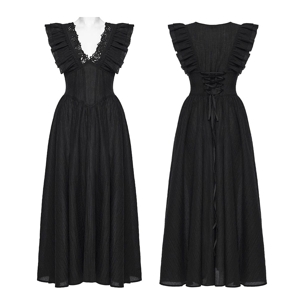 Women's Gothic Rose Cutout Plunging Ruffled Sleeveless Maxi Dress Graduation Dress - Image 5