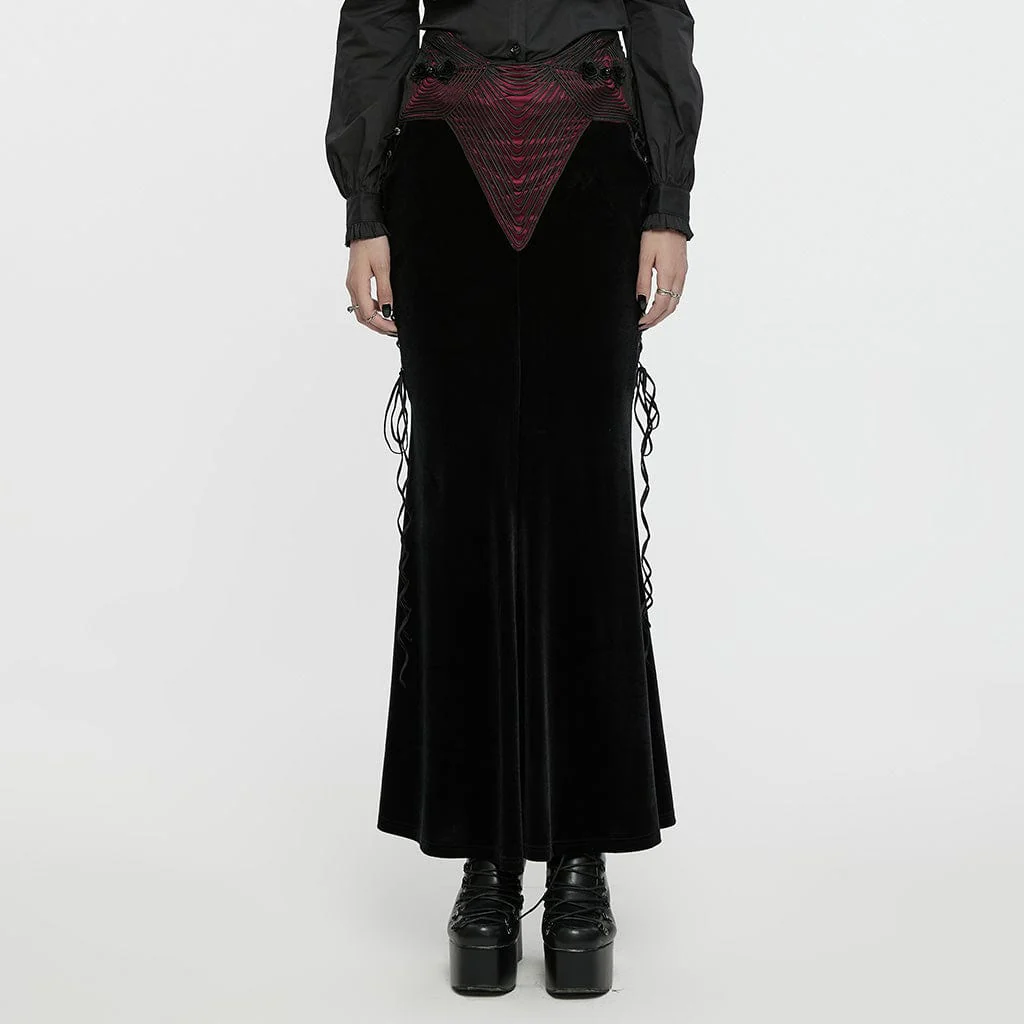 Women's Gothic Rose Embroidered Lace-up Fishtailed Velvet Skirt Black-Red