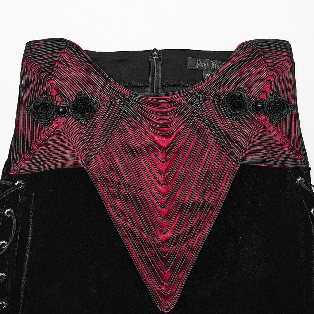 Women's Gothic Rose Embroidered Lace-up Fishtailed Velvet Skirt Black-Red - Image 6