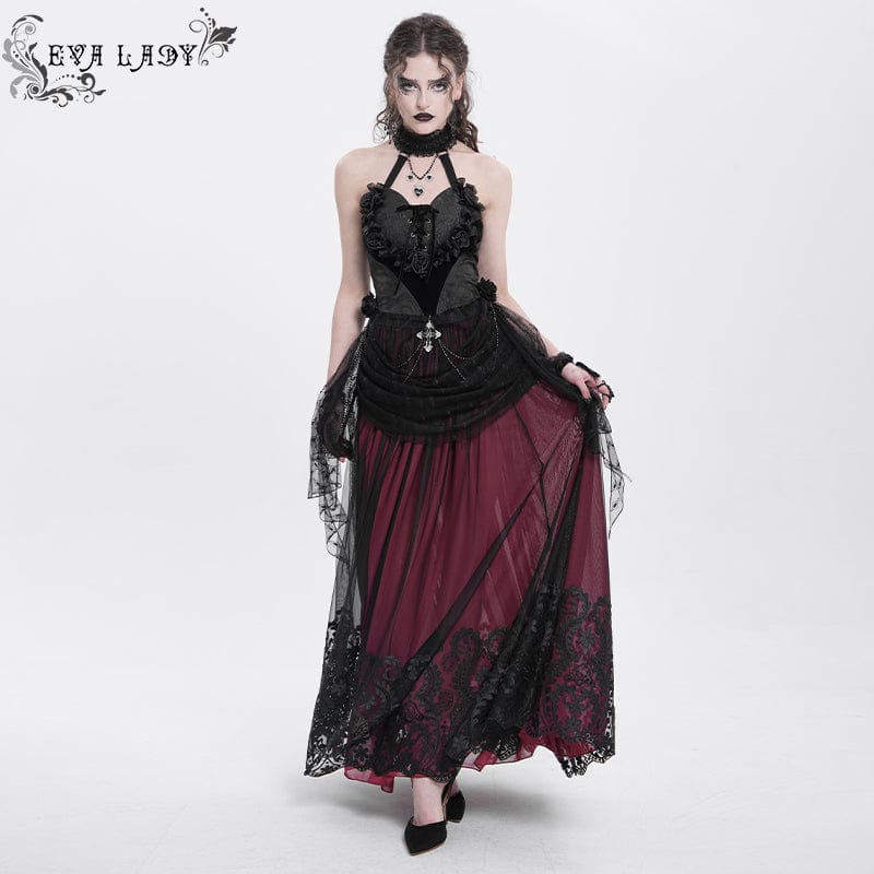 Women's Gothic Rose Heart Lace Splice Halterneck Shirt Black - Image 7