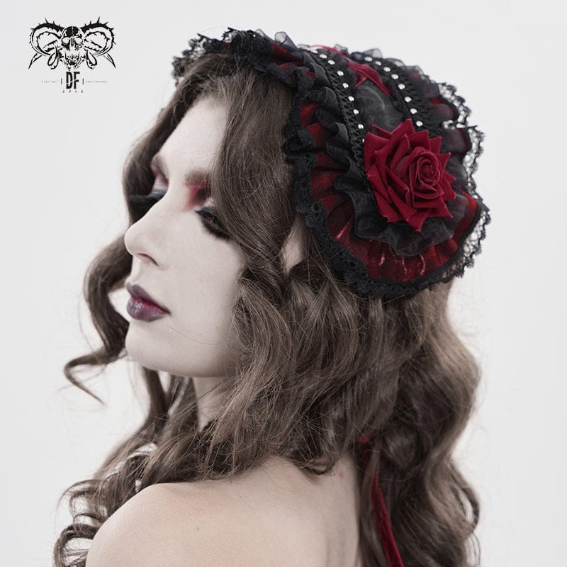 Women's Gothic Rose Lace Ruffled  Headwear Black-Red - Image 2