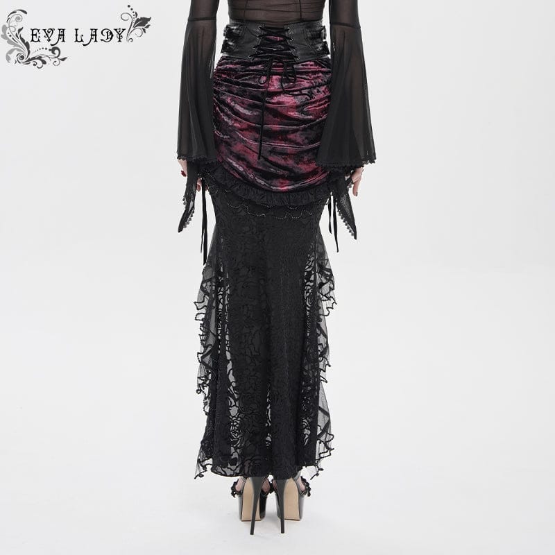 Women's Gothic Rose Lace-up Irregular Hem Skirt Black-Red - Image 5