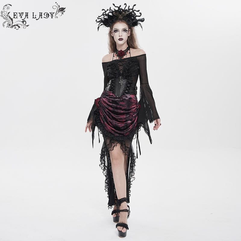 Women's Gothic Rose Lace-up Irregular Hem Skirt Black-Red - Image 7