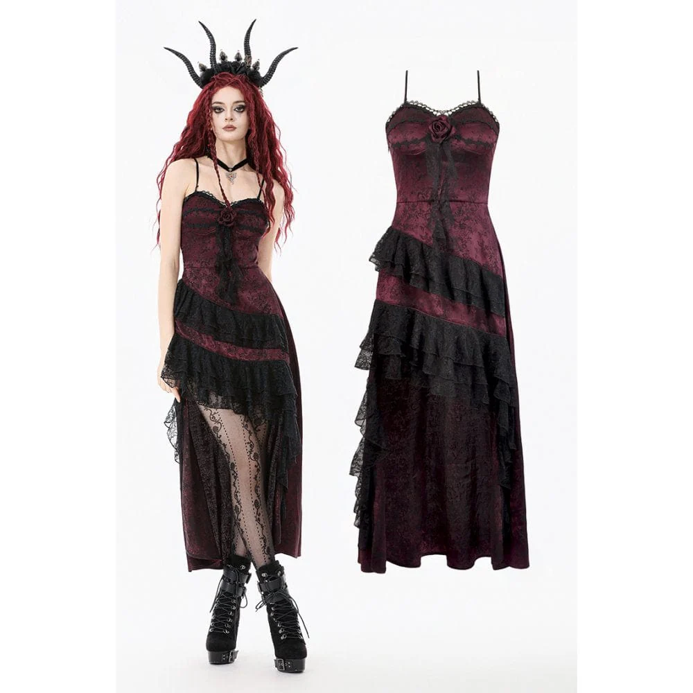 Women's Gothic Rose Layered Lace Ruffle Asymmetric Slip Dress Wedding Dress