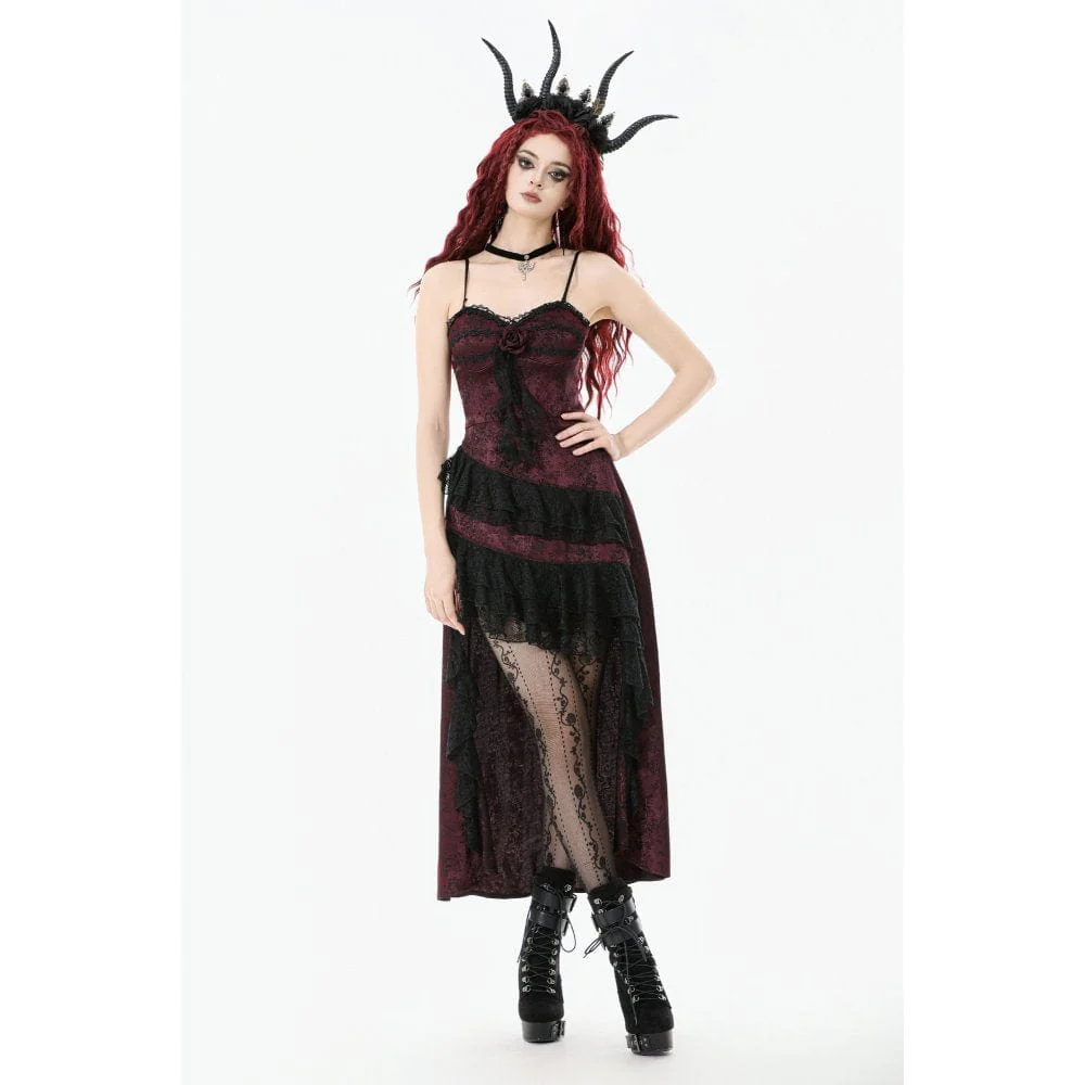 Women's Gothic Rose Layered Lace Ruffle Asymmetric Slip Dress Wedding Dress - Image 7