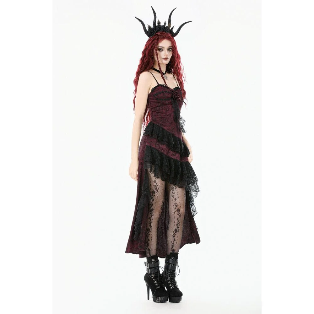 Women's Gothic Rose Layered Lace Ruffle Asymmetric Slip Dress Wedding Dress - Image 8