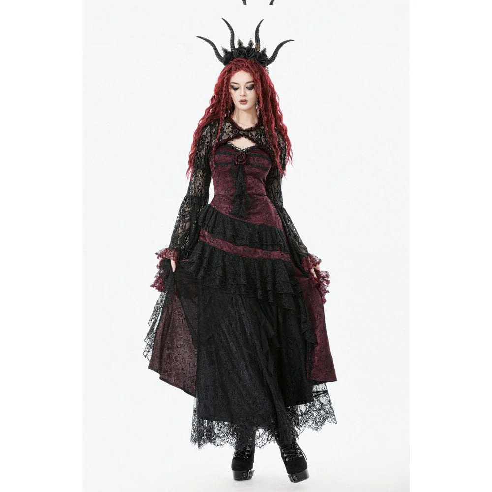 Women's Gothic Rose Layered Lace Ruffle Asymmetric Slip Dress Wedding Dress - Image 9