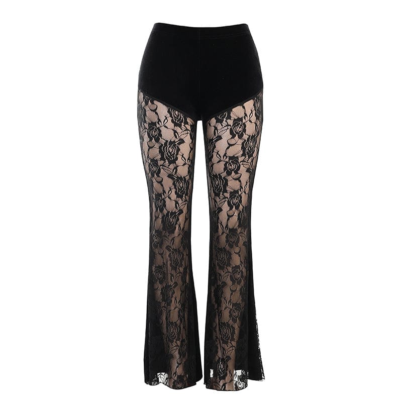 Women's Gothic Rose Mesh Splice Velvet Pants - Image 4