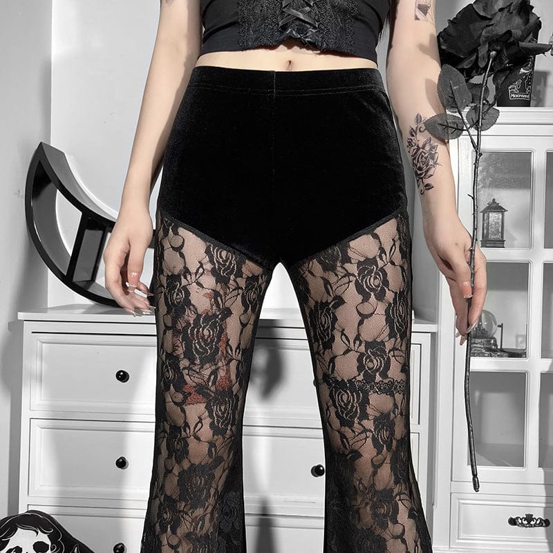 Women's Gothic Rose Mesh Splice Velvet Pants - Image 5