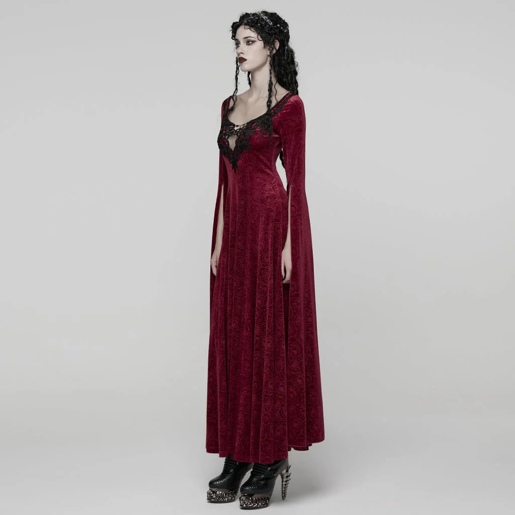Women's Gothic Rose Printed Cutout Bell Sleeved Gown Dress Wedding Dress Red - Image 2