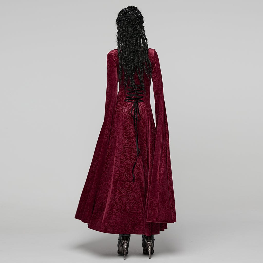 Women's Gothic Rose Printed Cutout Bell Sleeved Gown Dress Wedding Dress Red - Image 3