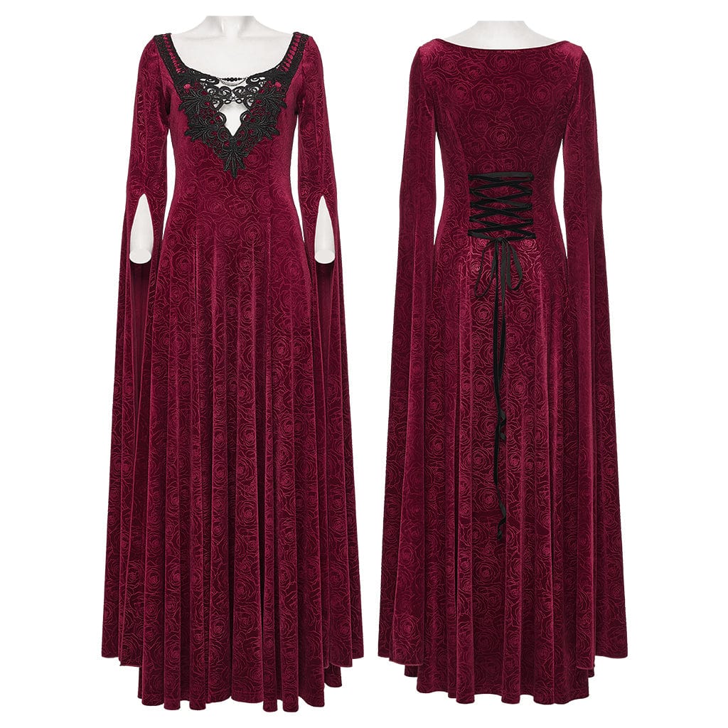 Women's Gothic Rose Printed Cutout Bell Sleeved Gown Dress Wedding Dress Red - Image 4
