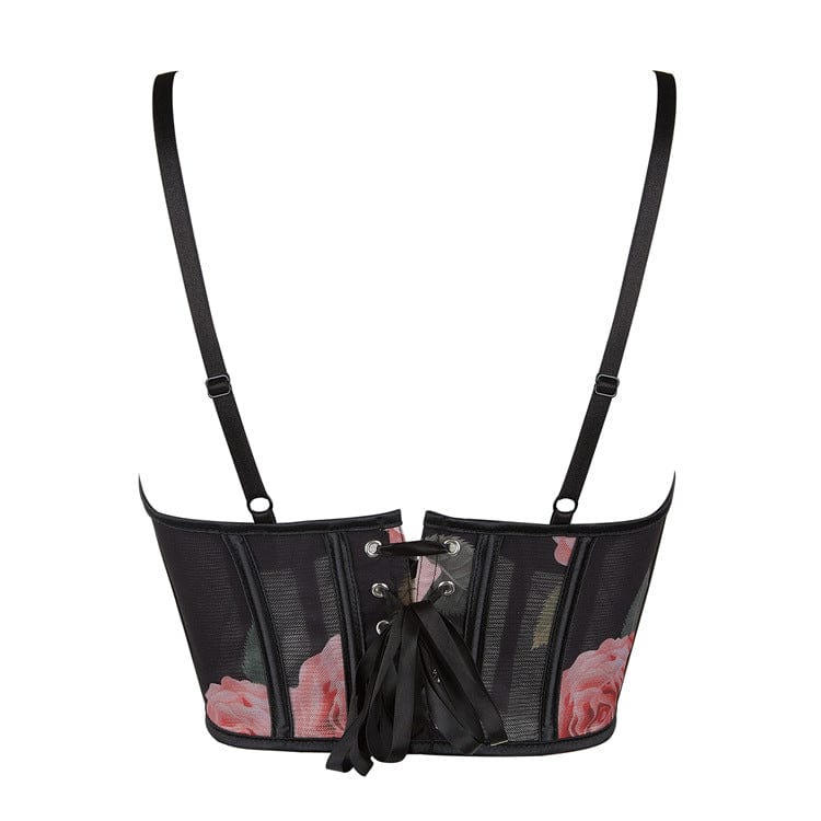Women's Gothic Rose Printed Mesh Lace-up Overbust Corset - Image 3
