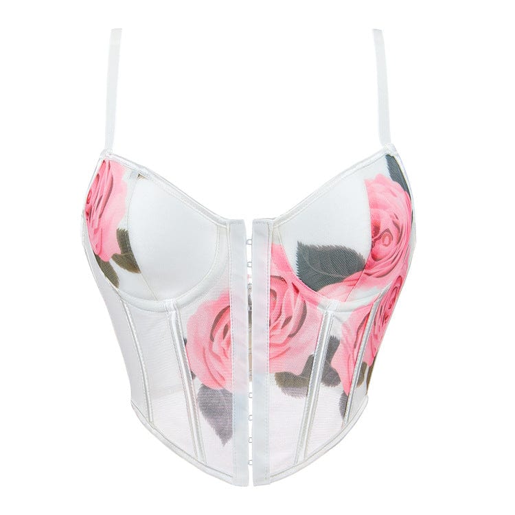 Women's Gothic Rose Printed Mesh Lace-up Overbust Corset - Image 5
