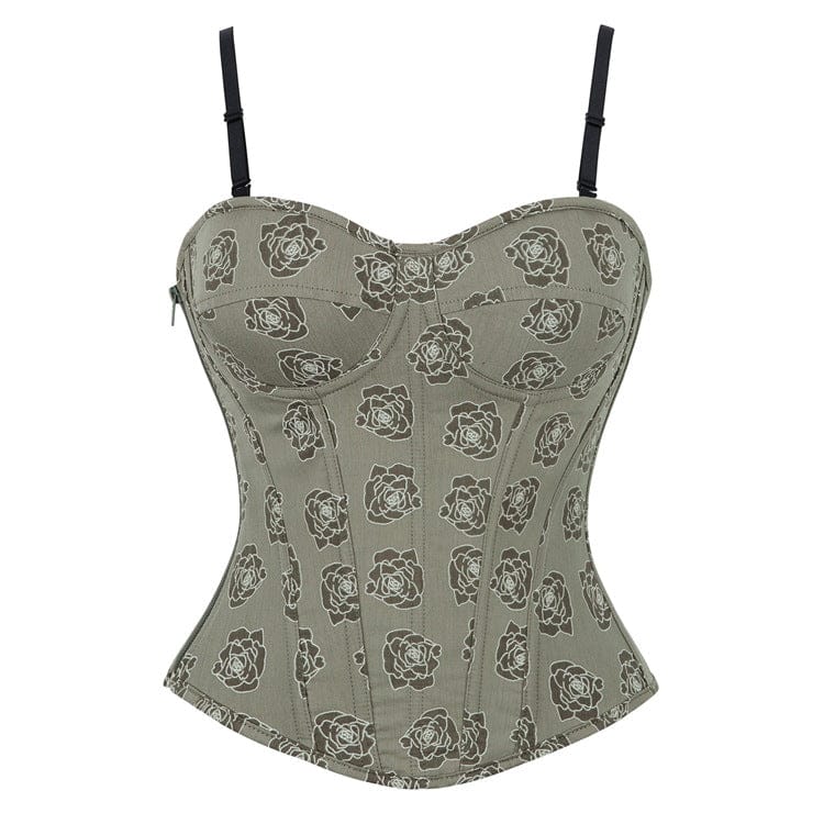 Women's Gothic Rose Printed Side Zipper Lace-up Overbust Corset