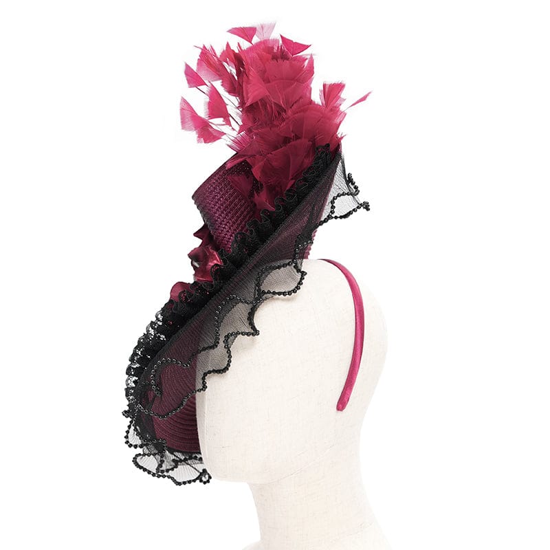 Women's Gothic Rose Ruffled Feathered Hat Black-red - Image 7