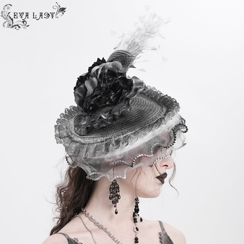 Women's Gothic Rose Ruffled Feathered Hat White-grey - Image 2