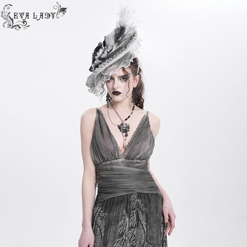 Women's Gothic Rose Ruffled Feathered Hat White-grey - Image 5