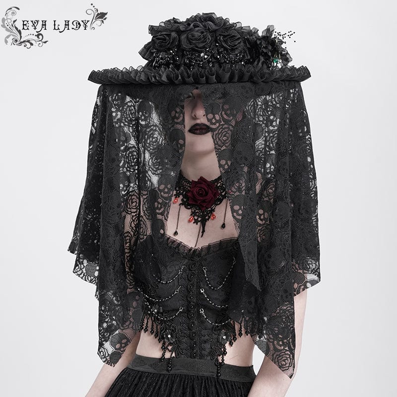 Women's Gothic Rose Ruffled Skull Mesh Hat