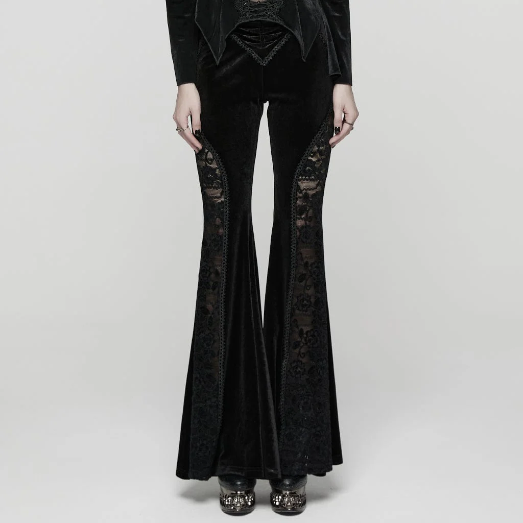 Women's Gothic Ruched Lace Splice Flared Velvet Pants