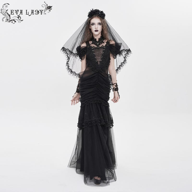 Women's Gothic Ruched Ruffled Off Shoulder Dress Wedding Dress